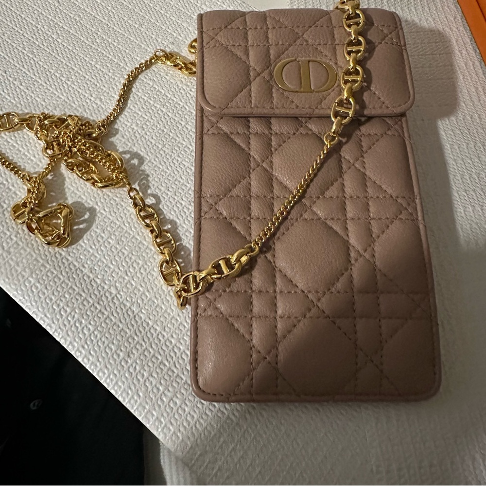 Dior Taupe Quilted Leather Crossbody Phone Holder/card holder with Gold Chain